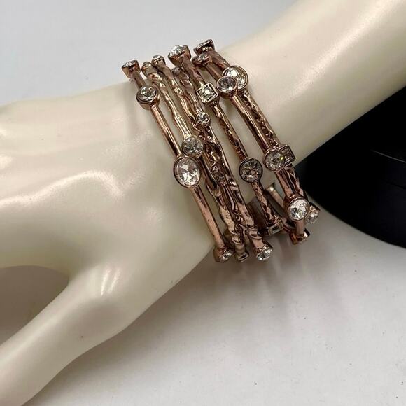 R. J. Graziano Vintage Rose Gold Tone Multi Shaped Rhinestone Set Seven Bangles - Picture 1 of 9